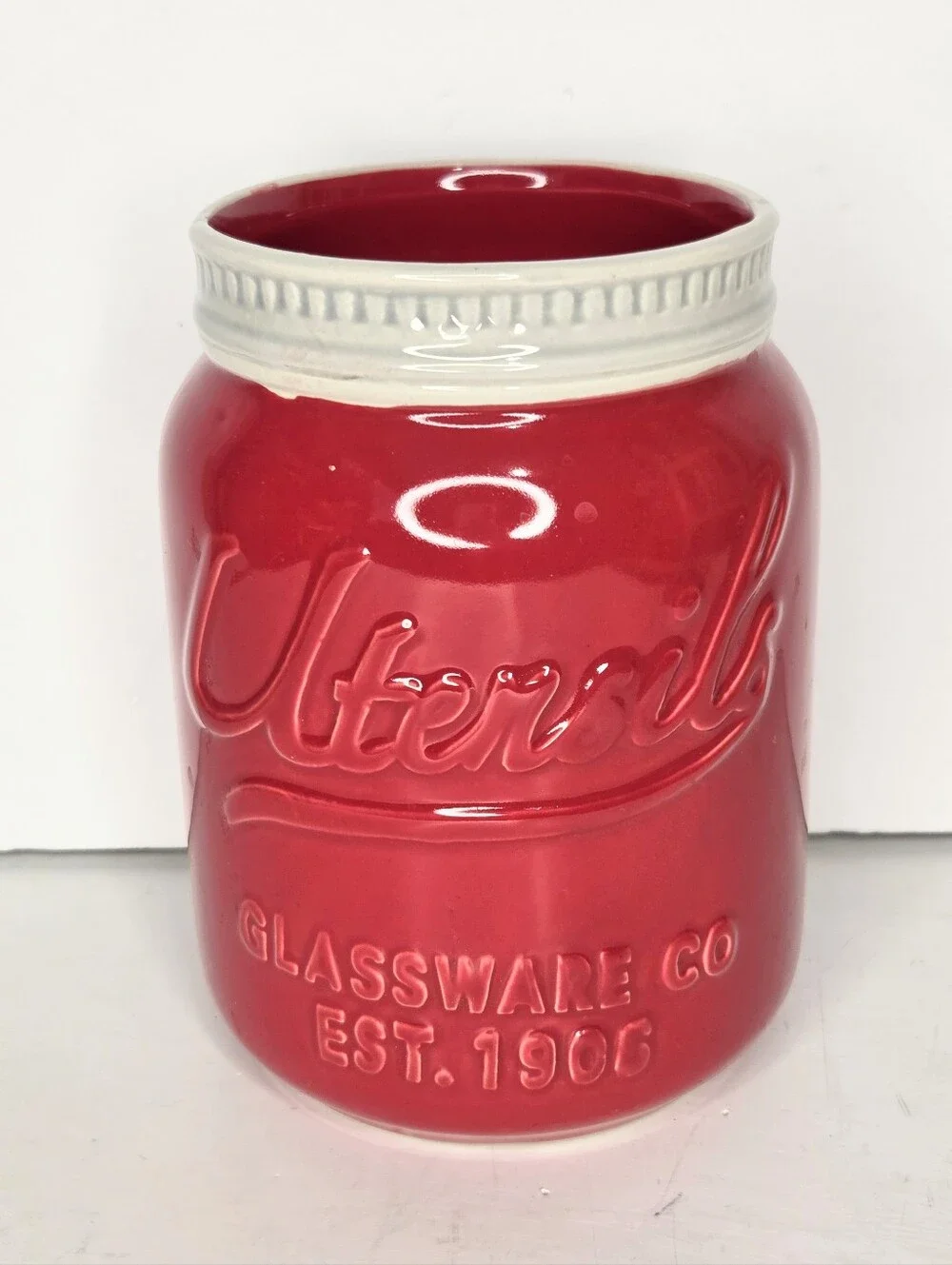 Red Ceramic Mason Jar Crock Utensil Holder Farmhouse Vase‎ Country Decor